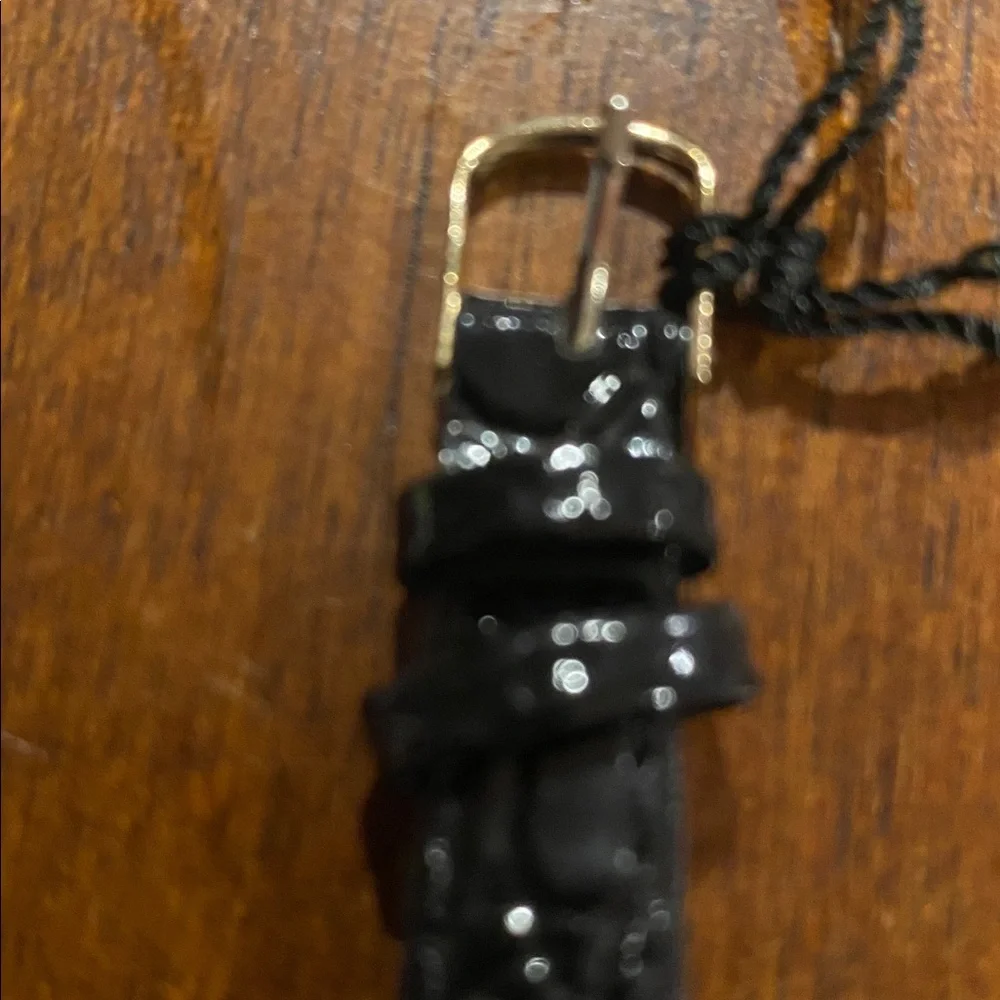 Vintage Japan movement diamond quartz Black Leather Strap Gold Watch